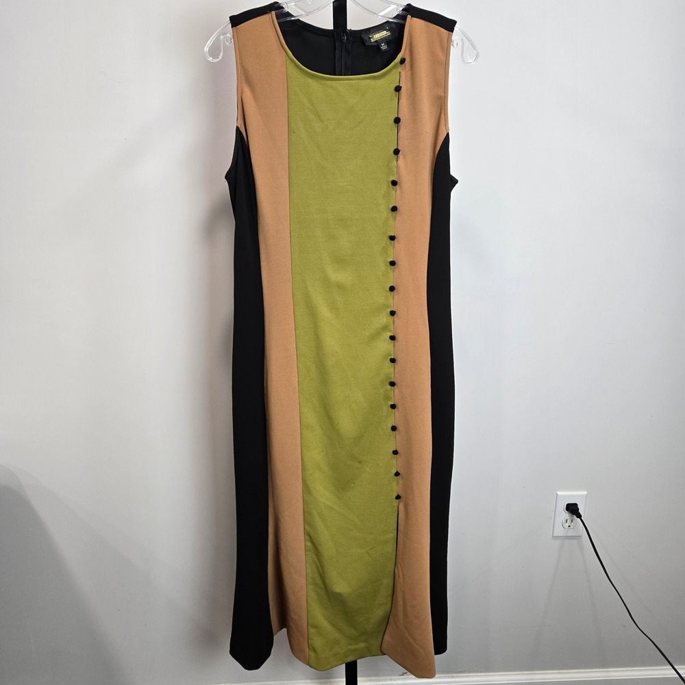 Alexia Admor Colorblock Midi Dress Green Tan Black Button Detail Size M Indie